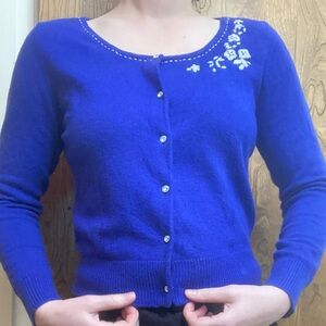 Vintage Blue Cardigan Sweater with Floral Embroidery
